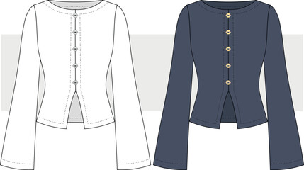 Women long bell sleeve fitted top, cardigan fashion technical drawing, illustration. CAD, mock up, flat. casual wear drawing, vector.