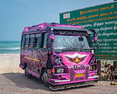 Colorful travels local tourist sight seeing bus with lots of gra