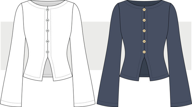 Women long bell sleeve fitted top, cardigan fashion technical drawing, illustration. CAD, mock up, flat. casual wear drawing, vector.