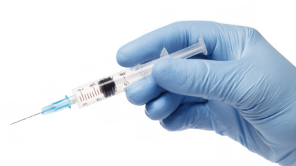Doctor wearing blue surgical gloves is holding a syringe filled with blue liquid, positioned against a transparent background, ready for administering a medical injection