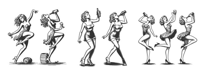 pin up women dancing and drinking wine or alcohol Set collection bundle sketch engraving generative ai vector illustration. Scratch board imitation. Black and white image.