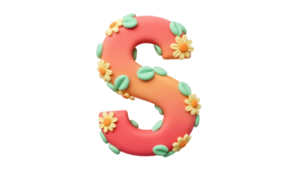 Isolated 3D rendered letter S with spring flowers and leaves, clay font, whimsical, decorative