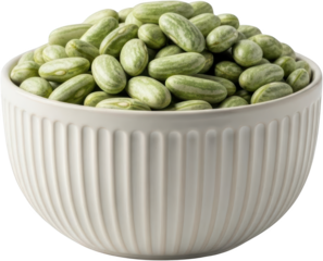 A white fluted ceramic bowl is overflowing with a generous serving of fresh striped Mexican sour gherkins also known as cucamelons isolate vegetable fruit