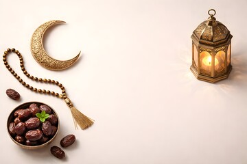Minimal Ramadan Flat Lay with Crescent Moon, Lantern, and Prayer Beads