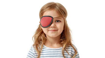 Naklejka premium Studio portrait of a preschool girl wearing an eye patch, smiling slightly, on a transparent background, suggesting concepts of vision care, pediatric ophthalmology, or playful pirate imitation