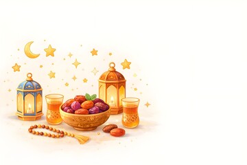 Playful Ramadan Iftar Illustration with Colorful Islamic Elements