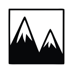 Clean hand-drawn outline icon featuring two prominent mountain peaks with snowy caps, framed in a square, representing outdoor adventure, natural beauty, and exploration
