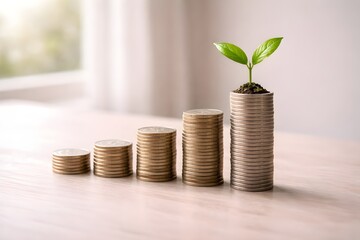 Coins Stacking Upward with Growing Plant for Investment Growth Concept