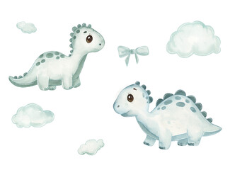 Cute dinosaur illustration in watercolor style with light colors