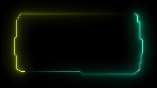 Neon futuristic HUD frame glowing animation. Futuristic HUD line on black background. 4k 