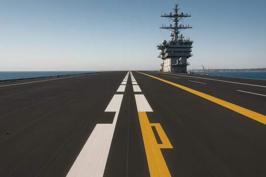 Vessel's Deck Horizon: The expansive flight deck of an aircraft carrier stretches towards the vast horizon, marked with precise lines, conveying power and maritime presence.