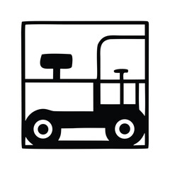 Black and white outline icon of a tow tractor with a flatbed, symbolizing logistics and transport