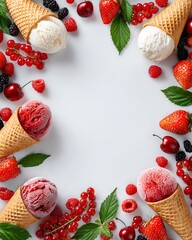 A vibrant flat lay of creamy ice cream in waffle cones topped with fresh berries, features bright colors, natural ingredients, and generous copy space, ideal for food advertising, seasonal promotions