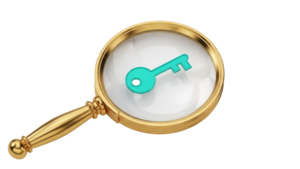 Isolated magnifying glass examines small blue key, represents research, security, access