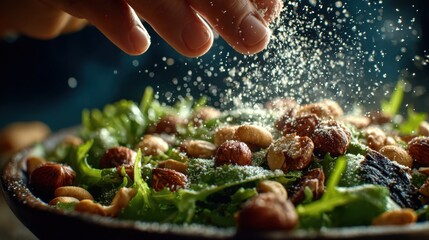 Nutritional Benefits of Zinc Highlighted by Hand Sprinkling Nuts Over Salad