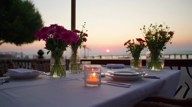 A table set with flowers, candles, and silverware overlooks a sunset beach scene