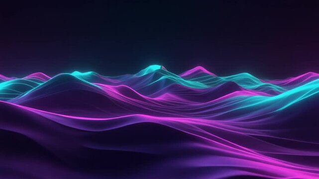 Abstract waves neon light glow moving digital terrain animation