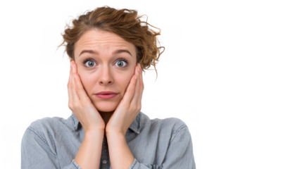 Young female doctor wearing a lab coat experiencing anxiety and panic upon receiving a diagnosis, set against a transparent background. Emotions of worry and fear are evident