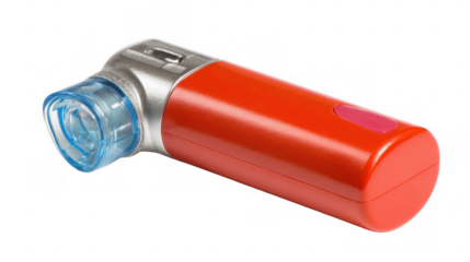 Close up studio shot of a modern pocket inhaler, featuring a transparent blue and white design, lying on a transparent background, ready for use in asthma or respiratory relief