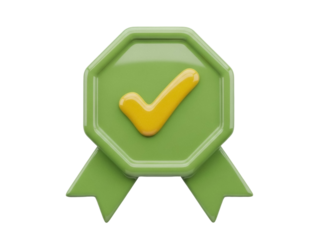 Isolated glossy green badge with yellow check mark approval symbol for success and quality