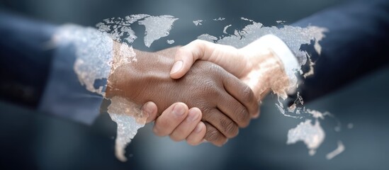 Diverse Business Team Collaborating on Global Strategy with Handshake Over World Map