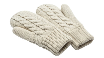 Isolated knitted wool mittens warm winter accessory cable knit off-white pair fashion apparel
