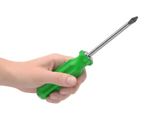 Isolated image of a hand holding a green screwdriver, used for DIY projects and repairs