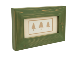 Isolated Rustic green wooden frame with three Christmas trees over an off-white base, no background
