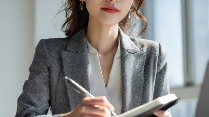 Japanese Businesswoman Taking Notes During a Virtual Meeting in Daylight