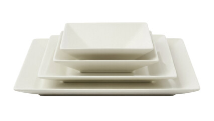 Isolated rectangular ceramic plates stacked for serving food, elegant dinnerware set