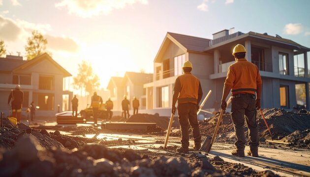 Sunny&nbsp;low-angle&nbsp;outdoor&nbsp;view&nbsp;with&nbsp;two&nbsp;construction&nbsp;workers&nbsp;standing&nbsp;on&nbsp;a&nbsp;residential&nbsp;building&nbsp;site.&nbsp;They&nbsp;wear&nbsp;yellow&nbsp;helmets&nbsp;and&nbsp;orange&nbsp;vests,&nbsp;holding&nbsp;shovels.&nbsp;In the&nbsp;backgroundt