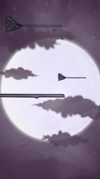 Enchanted Evening With Flying Broomsticks And Glowing Moon, Ethereal Scene Of Witches Gliding Under Starry Sky With Full Moon