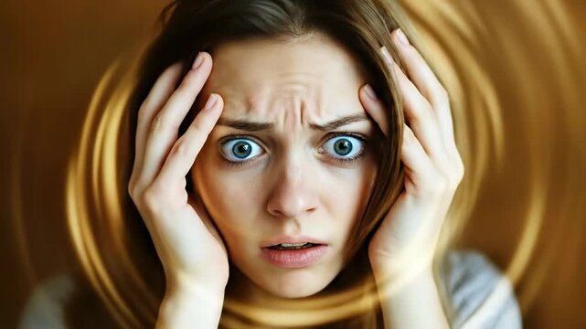 Woman suffering sudden neurological emergency, Ischemic stroke, TIA event. Acute vertigo, dizzy disorientation, and intense panic attack. Female feeling brain health crisis.