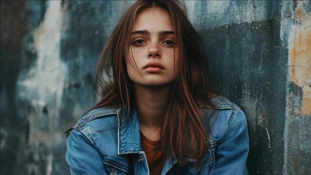 A young woman with tousled hair sits against an industrial backdrop. Her gaze is thoughtful, suggesting deep introspection.