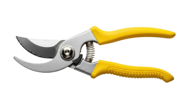 Isolated pruning shears tool with yellow handles, gardening and horticulture equipment