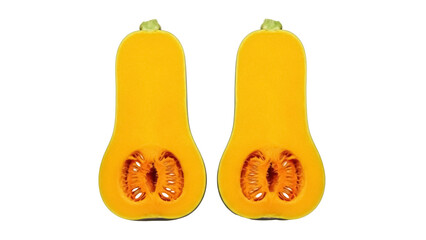 Isolated halves of fresh butternut squash ready for cooking, vibrant colors and texture