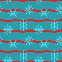 Seamless geometric pattern with red waves and snowflakes, turquoise background.