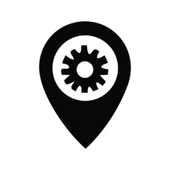 Black icon of a gear within a location pin, representing industrial or business services and operational sites