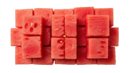 Isolated pile of fresh cut watermelon cubes close-up with seeds, summer refreshment