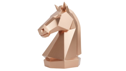 Isolated rose-gold metallic horse bust, digital polygonal sculpture, a symbol of strategy, power