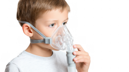 Caucasian female child is holding a blue and white plastic medical inhaler with an oxygen mask, treating respiratory illness, on a transparent background