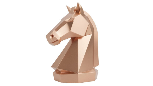 Isolated rose-gold metallic horse bust, digital polygonal sculpture, a symbol of strategy, power