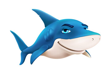 Cute 3D blue cartoon shark swimming happily with friendly smile, funny mascot character isolated on transparent background