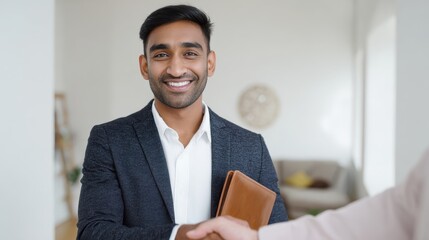 Professional Handshake in Minimalist Co-Working Space with South Asian Client