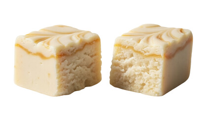 Isolated creamy fudge squares, sweet dessert confection, delicious caramel swirl texture, dessert treat