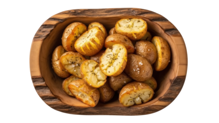 Isolated roasted baby potatoes in wooden bowl, delicious golden brown side dish with spices