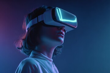 Futuristic scene of a woman wearing a virtual reality headset surrounded by neon lights in a cyberpunk-style environment, immersive technology, metaverse experiences, augmented and virtual reality