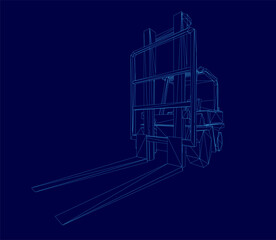 A detailed 3D wireframe model of a forklift truck, featuring blueprint-style lines on a solid blue background. The intricate design highlights the vehicle's handle, lifting arm, and sturdy wheels.