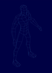 Low poly wireframe man in a suit stands on a solid blue background. The detailed 3D mesh features realistic shading and intricate geometric modeling.