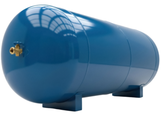 Isolated blue air compressor tank with brass valve for pneumatic tools and equipment